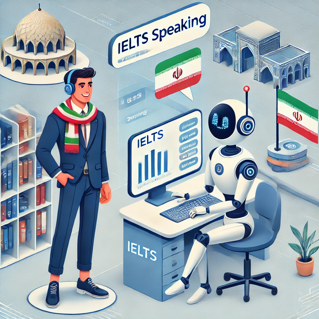 animated scene of a student talking to a virtual chatbot assistant about IELTS speaking, lively cartoon, digital environment, no text in the image