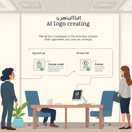 step-by-step cartoon infographic of AI logo creation: