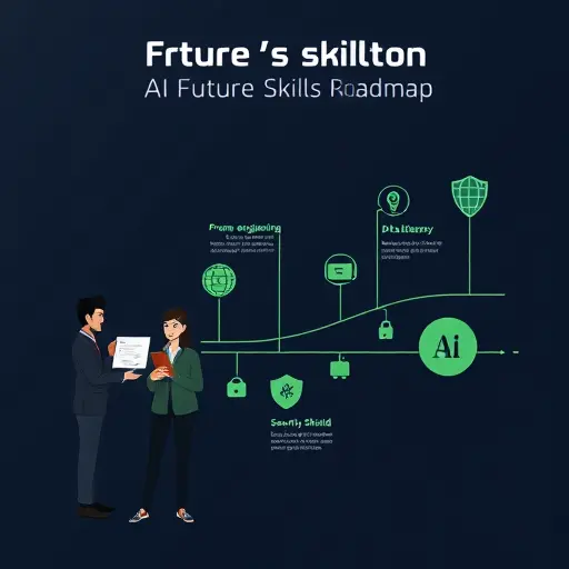 abstract illustration of AI future skills roadmap: icons for prompt engineering, data literacy, API integration, security shield, agents workflow;