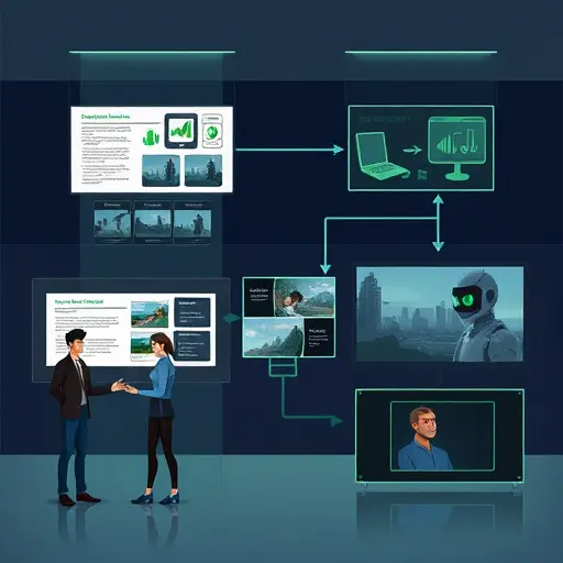 cinematic storyboard-to-trailer pipeline illustration, panels showing script, shot list, AI editing, audio sync, and final trailer preview;