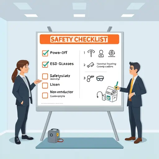 cartoon-style safety checklist board for home repairs, icons for power-off, ESD strap, safety glasses, non-