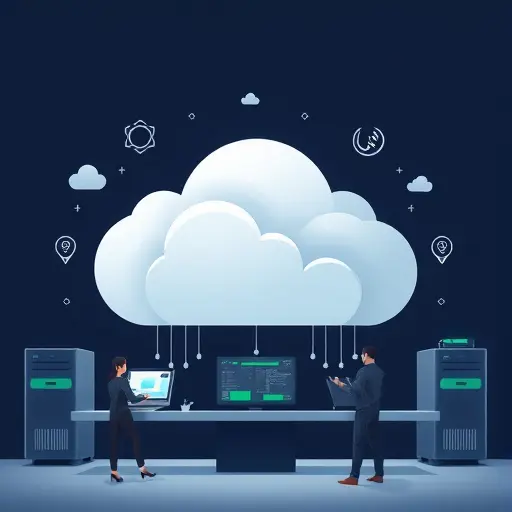 abstract cloud platform illustration with notebook windows, GPU chip icons, scalable servers, elegant dark design, text-free
