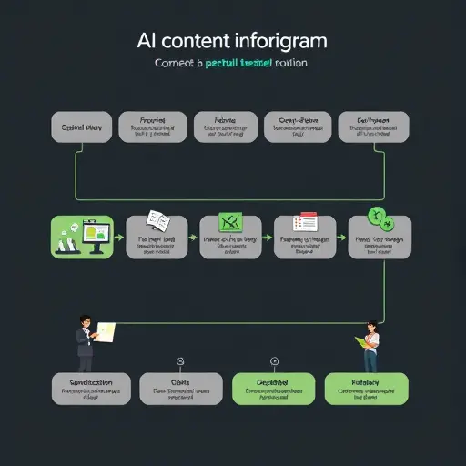 workflow diagram illustration for AI content routine: ideation, outline, image generation, summarization, final review, dark theme with green accents, clean infographic style, no text