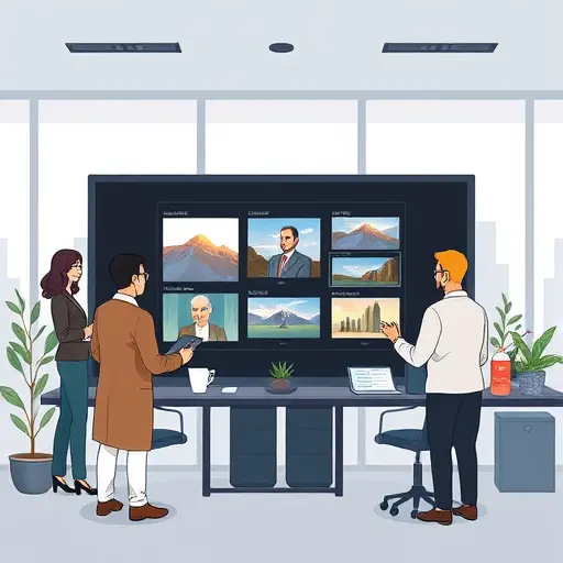 cartoon-style illustration of AI image models (DALLE-3, Midjourney) generating test images on a dark-/abstract shapes, text-free