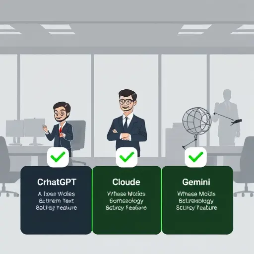 clean comparison illustration of three AI models (ChatGPT, Claude, Gemini) as abstract icons with checkmarks and speed/accuracy/price indicators, dark theme, green highlight, minimalistic, no text