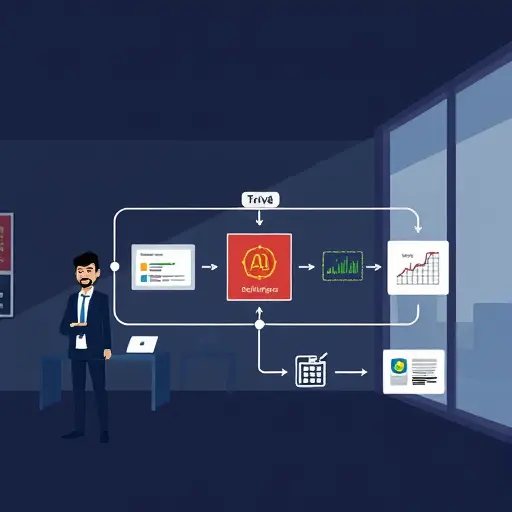 animated flow diagram of AI orchestration: user request -> router -> multiple AI models -> evaluator ->