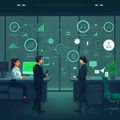 animated illustration of Iranian business sectors using data analytics and machine learning, icons for retail, healthcare, finance, and content platforms, dark theme UI, green accent colors #94d3a2