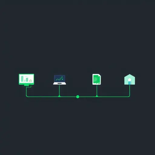 pipeline illustration for data analytics and machine learning: cleaning, feature engineering, model evaluation, and deployment steps shown as connected icons, dark background, green accents #94d3a2, minimalist, text-free