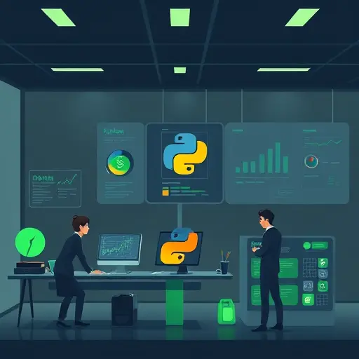 clean animated illustration of Python ecosystem for data science: Jupyter notebook, Pandas DataFrame, scikit-learn pipeline, TensorFlow/Keras neural network blocks; dark UI with green accents #94d3a2; professional; text-free