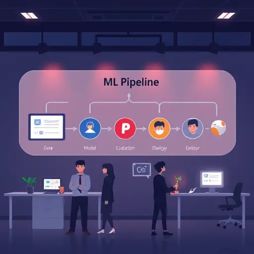 illustrated ML pipeline diagram: data -> preprocessing -> model (scikit-learn) -> evaluation -> deployment (TensorFlow)