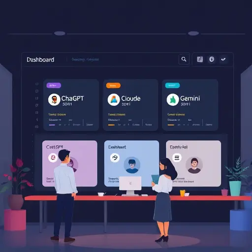 (ChatGPT, Claude, Gemini) in a clean animated interface, dark background, text-free