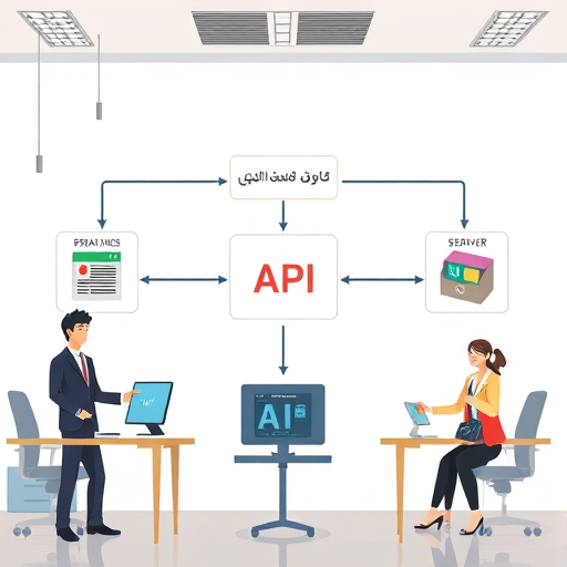 animated diagram showing message flow from client apps (browser, mobile) to an AI API server, routing through proxy/