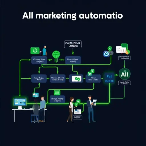 animated flowchart of AI marketing automation pipeline: multi-channel inputs to chatbot, intent detection, lead scoring, CRM sync, automated nurture, conversion; dark #171717 background, neon green #94d3a2