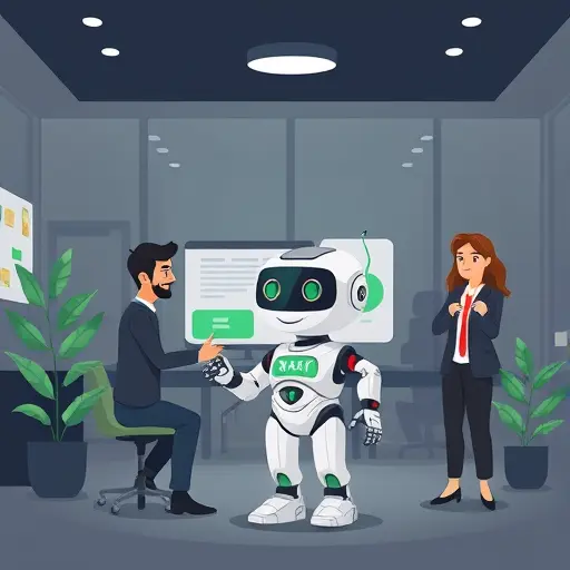 cartoon-style illustration of an AI chatbot capturing leads with smart forms, auto-assigning lead score, routing to sales or nurture;