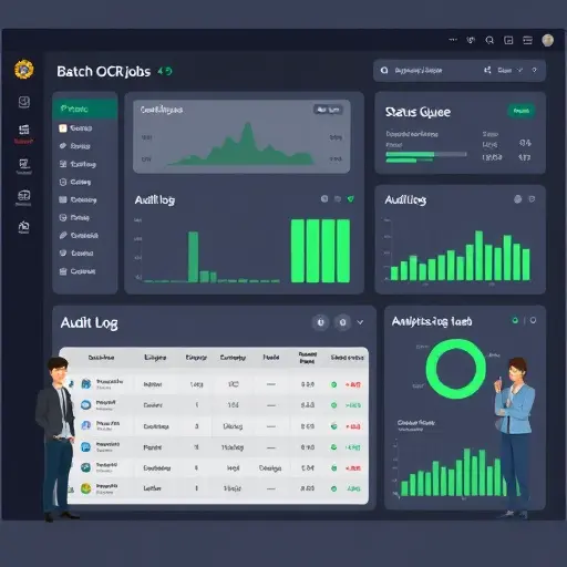 clean dashboard illustration showing batch OCR jobs for signatures: status queue, progress bars, audit log, and analytics charts; dark theme, soft green highlights (#94d3a2), minimal icons, no text