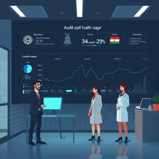 abstract audit trail visualization for AI in healthcare, versioning timeline, secure logs, fairness metrics dashboard, dark theme, high contrast, text-free