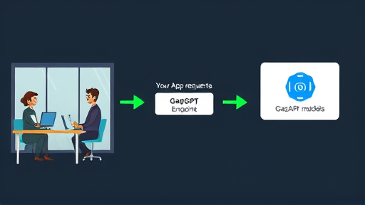 simple cartoon-style diagram: Your App sends requests to GapGPT Endpoint, GapGPT routes to OpenAI or Gemini models, animated arrows, green and blue icons, dark background, text-free