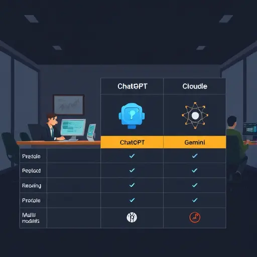 clean comparison chart illustration of AI models (ChatGPT, Claude, Gemini)