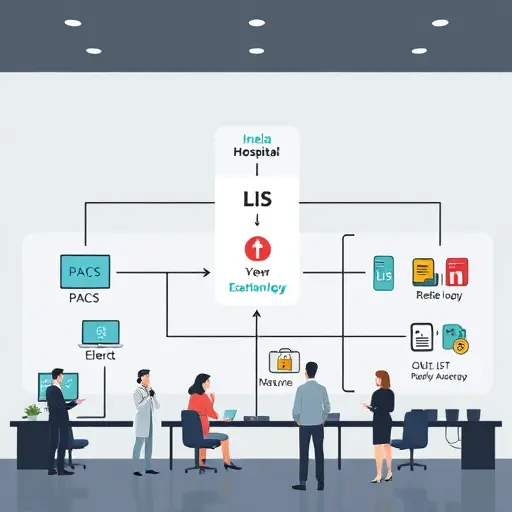 animated hospital IT architecture diagram showing PACS, LIS, HIS/EHR connected via FHIR/HL7