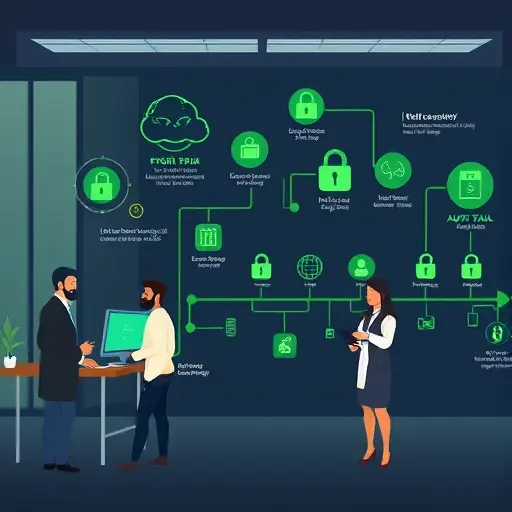 illustration of secure EHR integration with AI: FHIR data pipeline, encryption locks, role-based access control icons, audit trail timeline;
