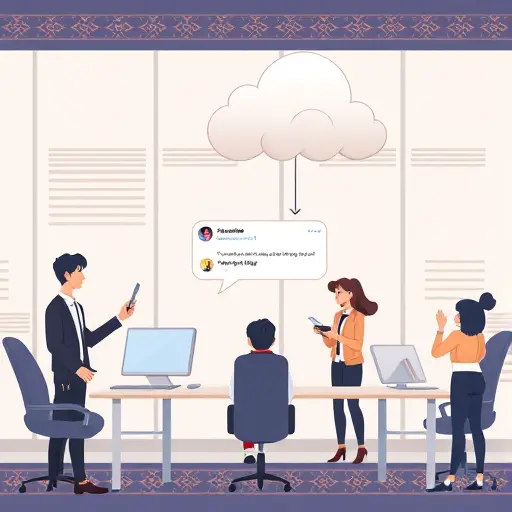 animated illustration showing user sending a message from web browser, REST API integration pipes request to ChatGPT model, AI cloud responds to website, Iranian patterns as decorative border, text-free