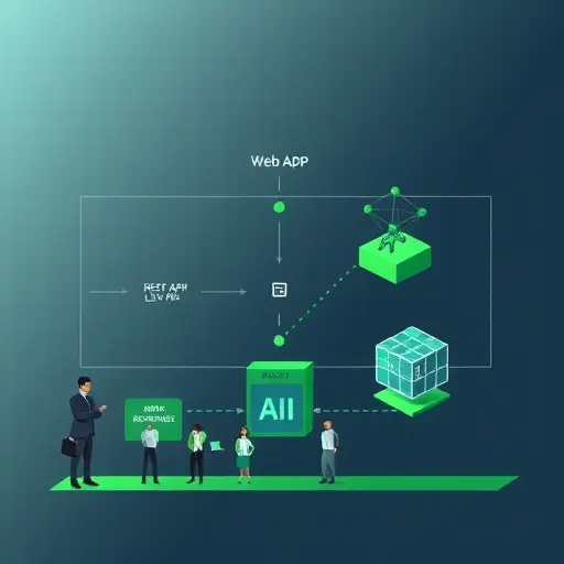 modern flowchart showing web app and REST API layers, data journey from user input, API request, AI response, architectural blocks in green/blue, Iranian geometric accents, text-free