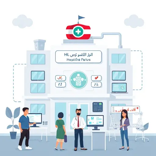 cartoon hospital IT architecture diagram with EHR server, secure API gateway, HL7/