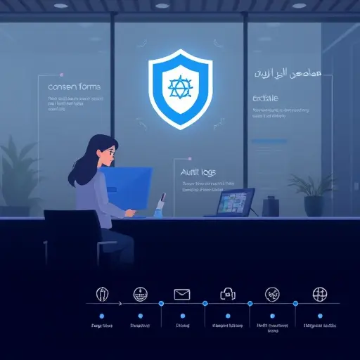 illustration of data governance in healthcare: shield icon, consent forms, role-