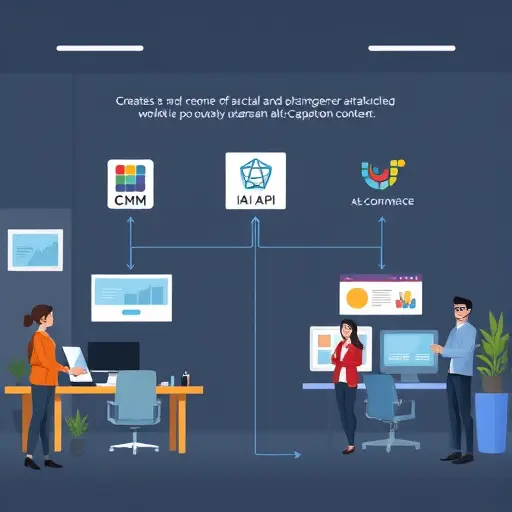 animated integration diagram showing CMS and e-commerce platforms connected to an AI API, webhook triggers, queue workers, storing alt/