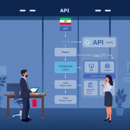 modern API architecture diagram illustration, animated data flow between client, framework backend, and AI APIs (OpenAI and GapGPT), clean, text-