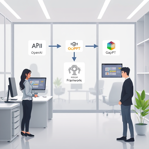 abstract representation of software architecture, client app sending queries to framework backend (Node.js, Django, etc.), arrows pointing to OpenAI and GapGPT APIs, finally receiving AI outputs, tech, animated, no text