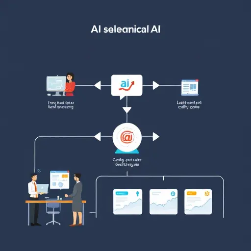 illustrated flowchart of sales automation using AI, triggers from chat to CRM, lead scoring, follow-