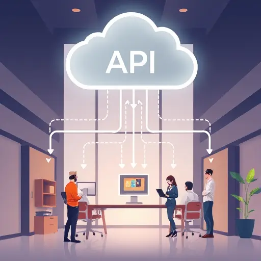 /server infrastructure connecting to an AI cloud API gateway, RESTful data flow arrows, cartoon, text-free