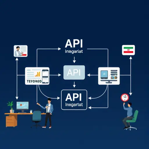 API integration flow diagram, animation showing client applications (website, mobile, backend)