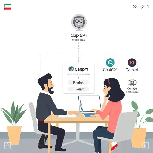 animated architecture diagram: user interacting with a chatbot, bot sending HTTPS requests to a local AI API server labeled 'GapGPT', icons for models (ChatGPT, Claude, Gemini)