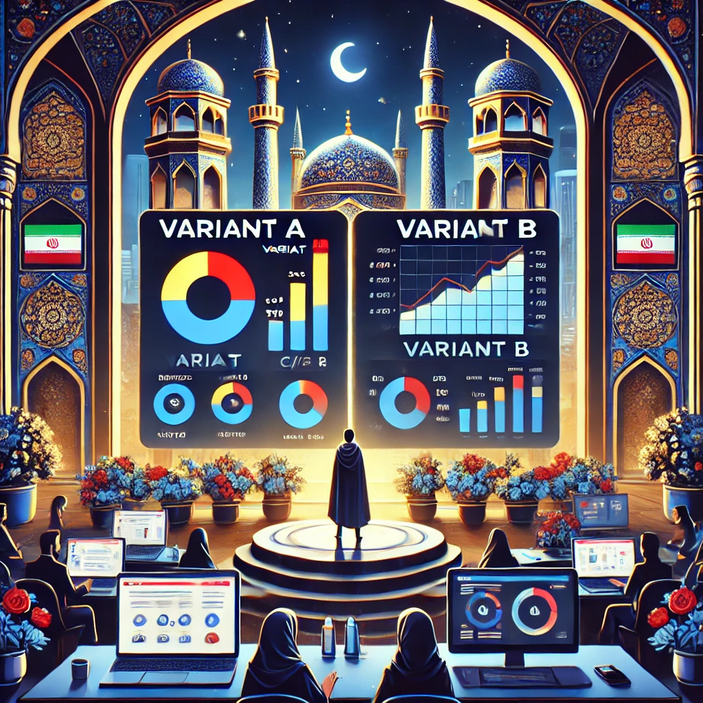 split-screen A/B testing dashboard illustration showing variant A and B with metrics like CTR, conversion rate, and time-on-page;