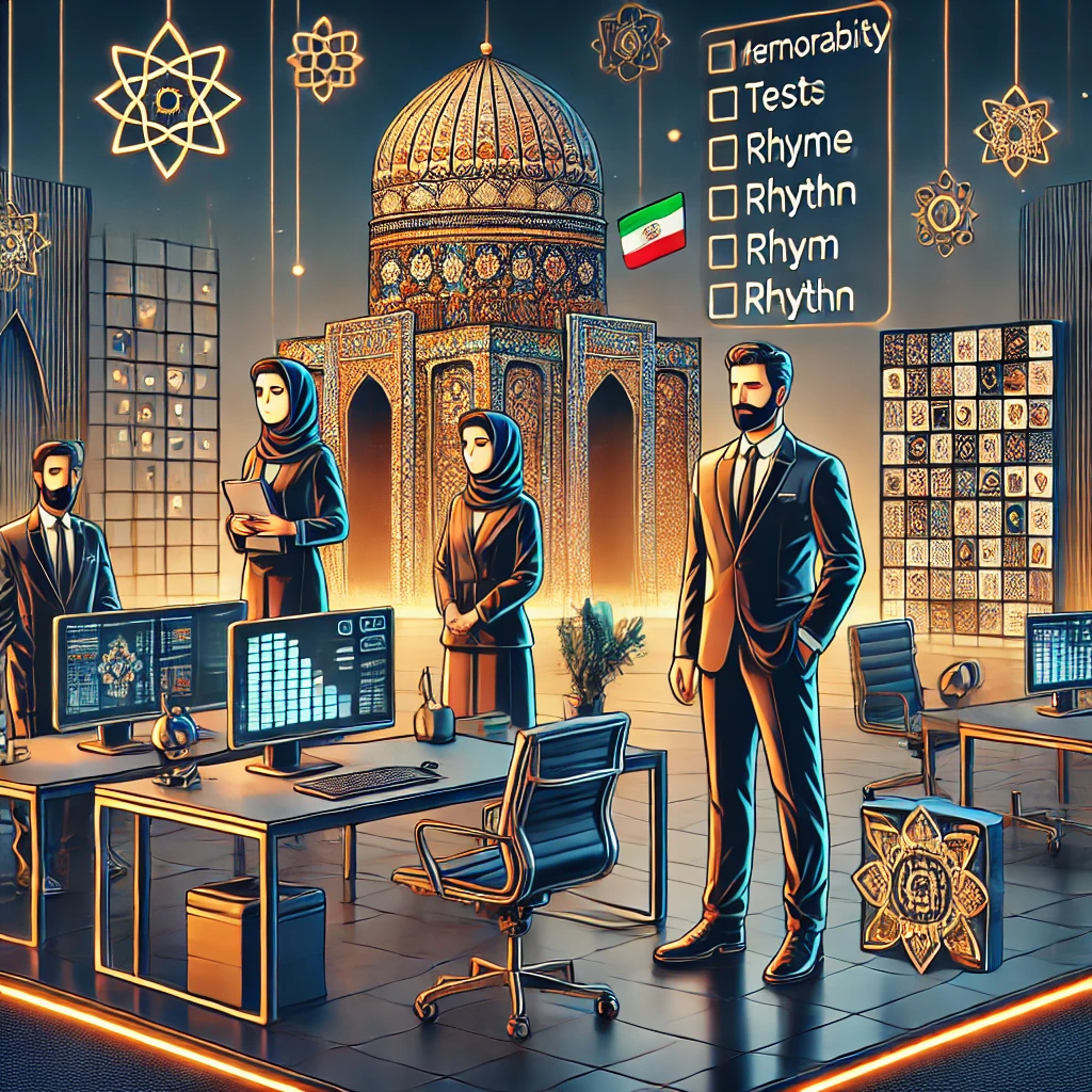 memorability assessment illustration with icons for recall test, rhyme, rhythm, and pronunciation checks; clean tech design, dark UI, minimalist, high-quality, no text