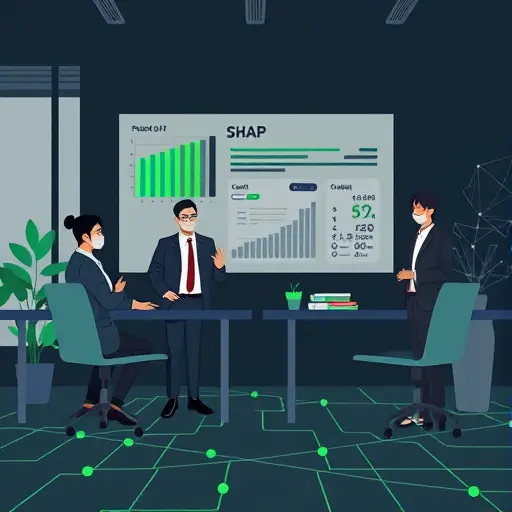 animated illustration of explainable AI with SHAP values in a credit model, feature importance bars, abstract neural network lines, dark background with green accents, text-free