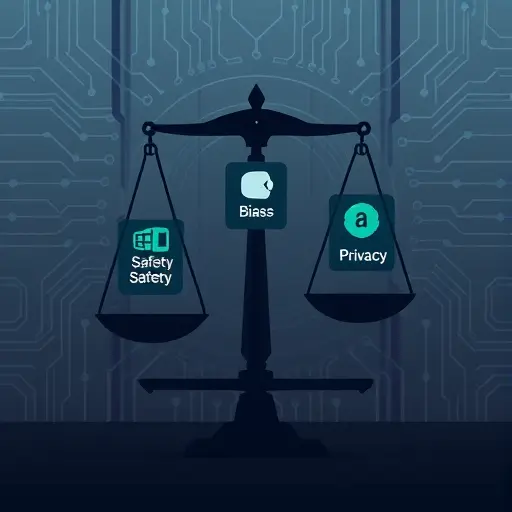 balanced scale illustration showing three pillars labeled as icons: