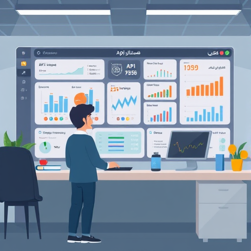 animated dashboard illustration showing API usage statistics, billing information, and a stress-