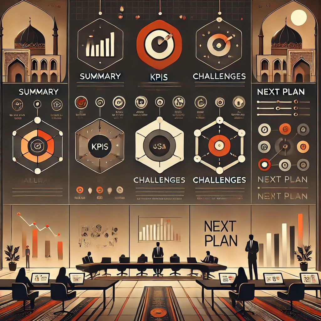(summary, KPIs, challenges, next plan)