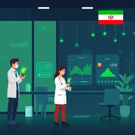 illustration of remote patient monitoring in Iran: smartphone app, wearable sensors, cloud AI analyzing vitals, clinician dashboard;