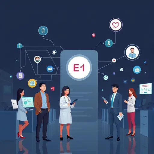 abstract integration of EHR systems with AI triage, flowing data streams, hospital icons, minimalist illustration, dark background, no text