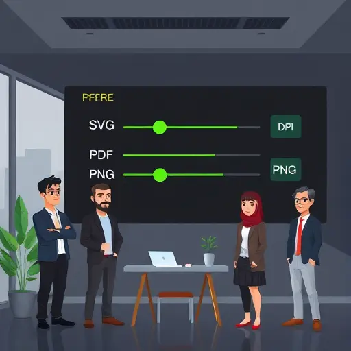 clean dark UI panel showing SVG, PDF, PNG export icons with abstract sliders for DPI, precision, units;