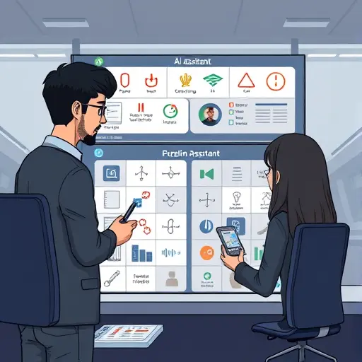 cartoon style illustration of an AI assistant analyzing a puzzle board with icons for constraints, variables, and tests, dark UI, minimalistic, no text