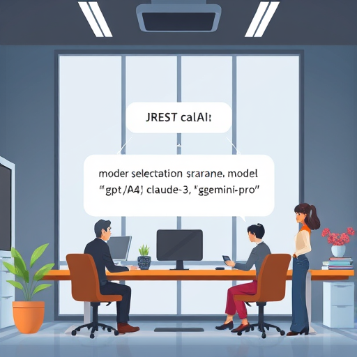 modern REST API request structure diagram with model selection parameter, animated cartoon style, focus on model: 