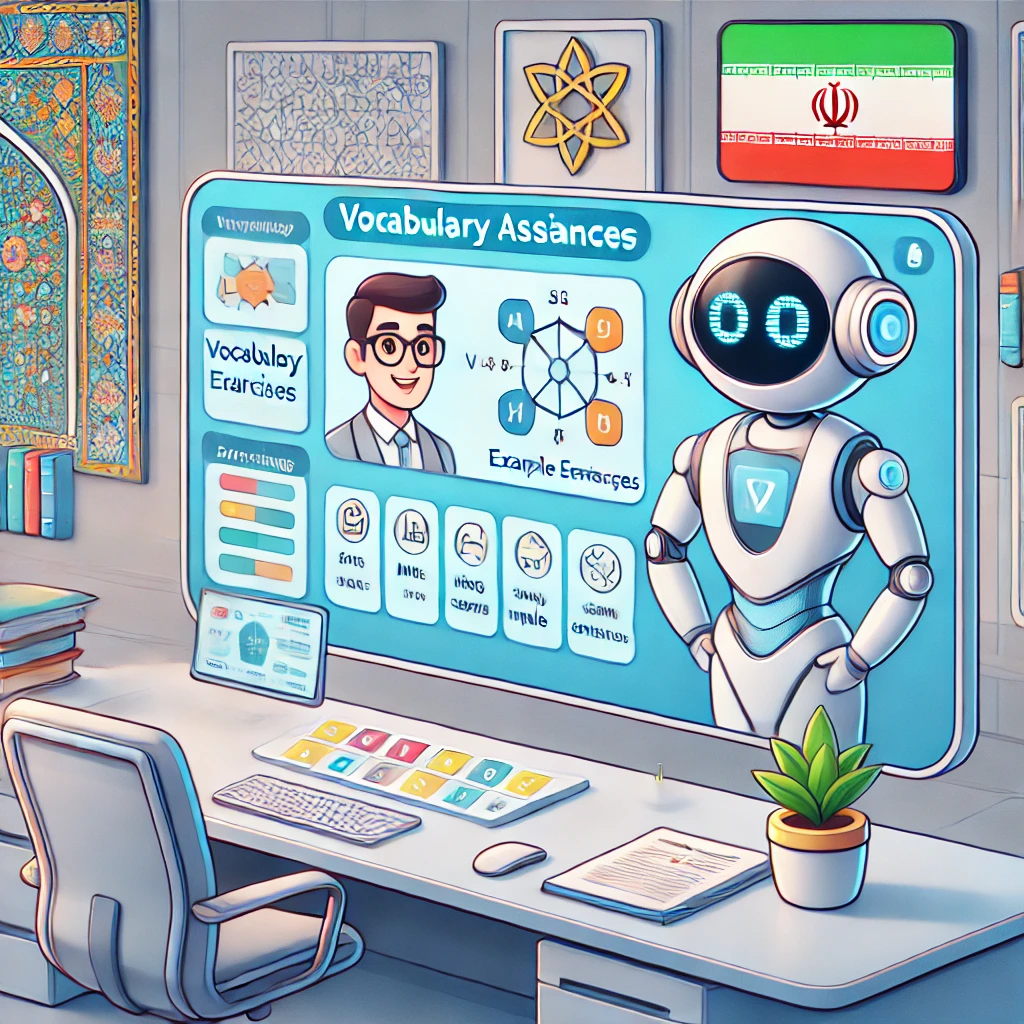 cartoon illustration of a virtual assistant offering vocabulary games, matching exercises and example sentences all shown on a digital dashboard, tech and education theme, text-free