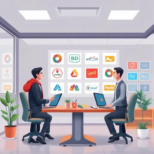 modern animated illustration of an AI system customizing logo designs for various brands, Iranian-inspired motifs, cartoon style, vibrant technology palette, text-free