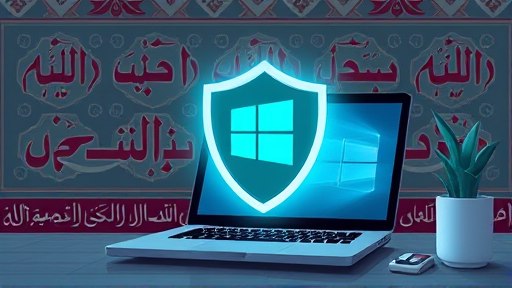 cartoon-style illustration of cyber security shield with AI and Windows 10