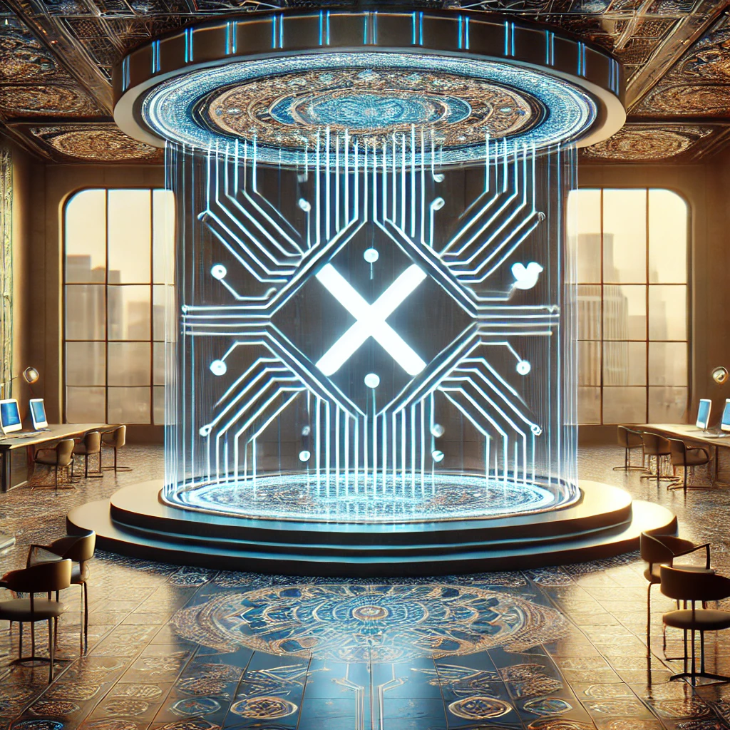 futuristic illustration of social media platform upgraded with advanced AI, digital circuits blending with the X (Twitter)
